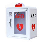 Uniwersalna, wewnętrzna szafka ścienna z alarmowym defibrylatorem AED z białego metalu
