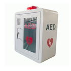 Uniwersalna, wewnętrzna szafka ścienna z alarmowym defibrylatorem AED z białego metalu