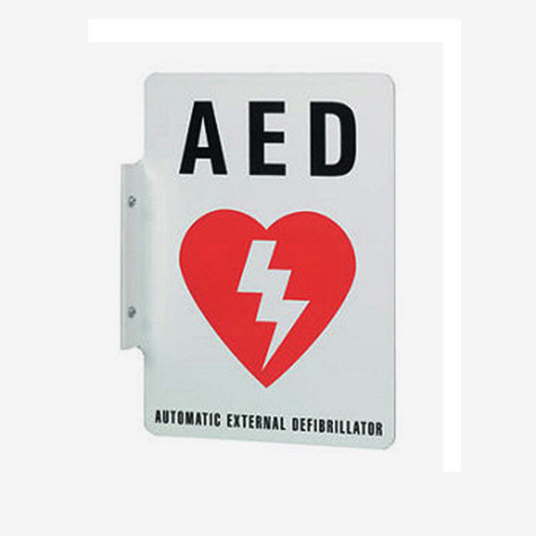 Oznaczony 2-drożny płaski znak ścienny AED, znak 90 stopni AED 254x177 mm